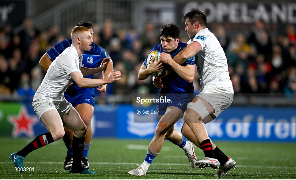 29 November 2024; Jimmy O'Brien of Leinster is tackled by Alan O'Connor of Ulster during the United Rugby Championship match between Ulster and Leinster at Kingspan Stadium in Belfast. Photo by Seb Daly/Sportsfile