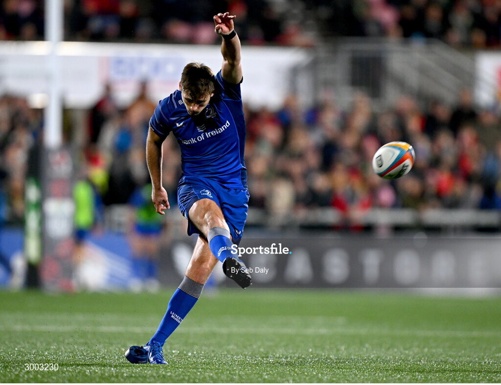 29 November 2024; Ross Byrne of Leinster kicks a penalty during the United Rugby Championship match between Ulster and Leinster at Kingspan Stadium in Belfast. Photo by Seb Daly/Sportsfile