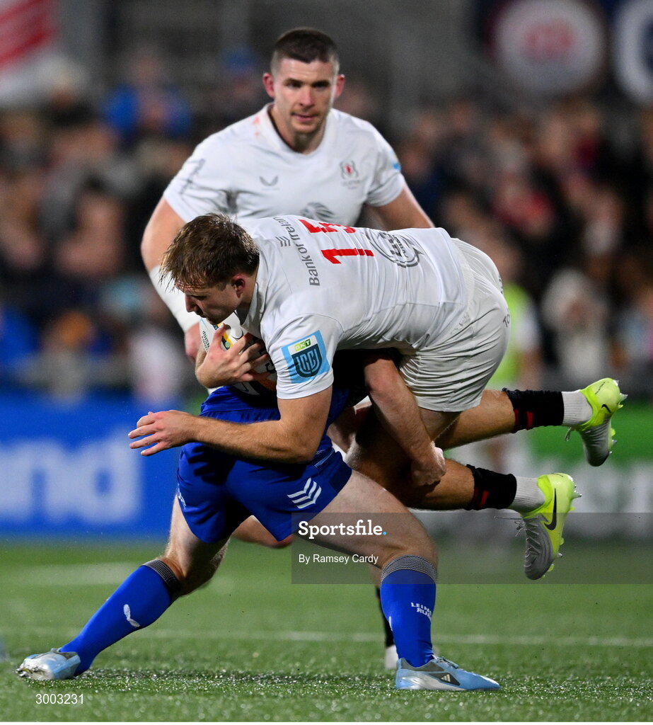 29 November 2024; Stewart Moore of Ulster is tackled by Luke McGrath of Leinster during the United Rugby Championship match between Ulster and Leinster at Kingspan Stadium in Belfast. Photo by Ramsey Cardy/Sportsfile