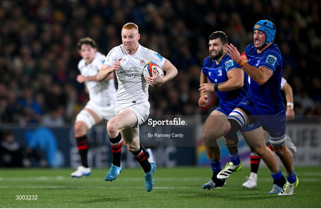 29 November 2024; Nathan Doak of Ulster makes a break from Will Connors of Leinster during the United Rugby Championship match between Ulster and Leinster at Kingspan Stadium in Belfast. Photo by Ramsey Cardy/Sportsfile