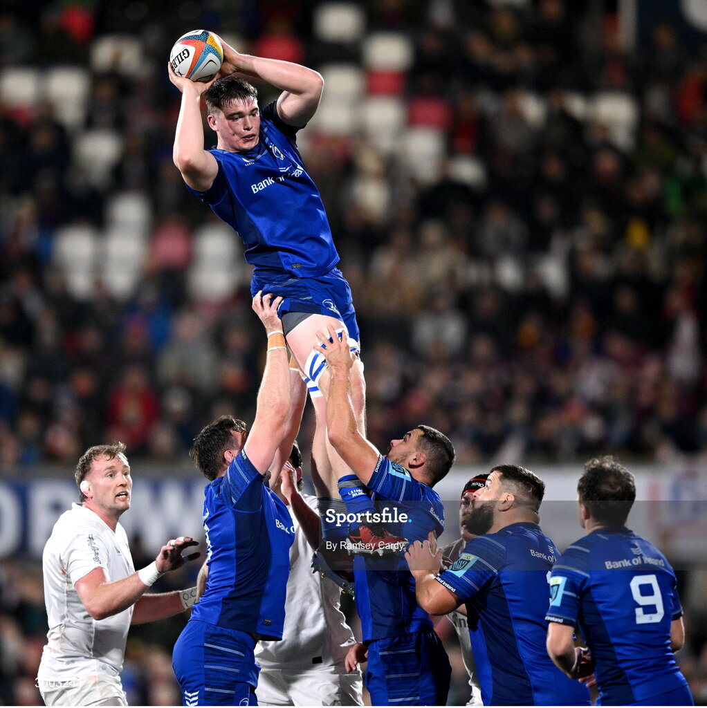 29 November 2024; Diarmuid Mangan of Leinster during the United Rugby Championship match between Ulster and Leinster at Kingspan Stadium in Belfast. Photo by Ramsey Cardy/Sportsfile