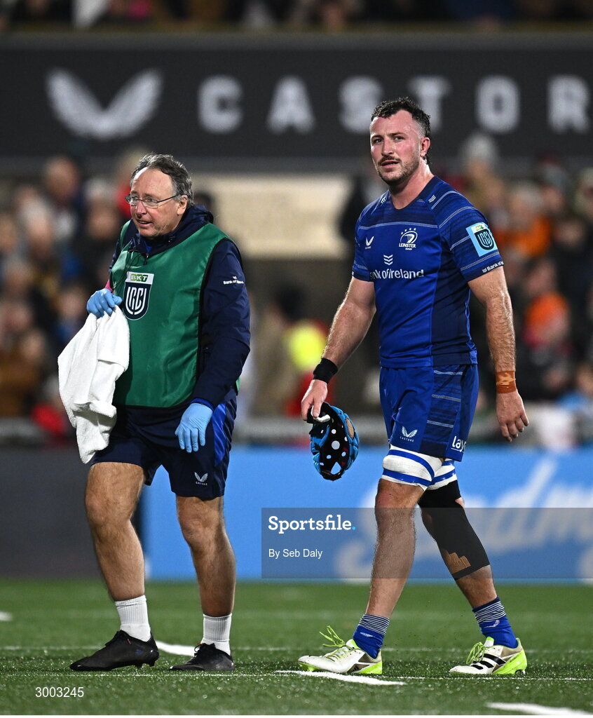 29 November 2024; Will Connors of Leinster leaves the pitch to receive medical attention during the United Rugby Championship match between Ulster and Leinster at Kingspan Stadium in Belfast. Photo by Seb Daly/Sportsfile