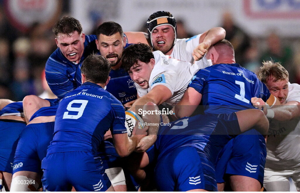 29 November 2024; David McCann of Ulster in action against Leinster players, from left. Diarmuid Mangan, Max Deegan, Luke McGrath and Jack Boyle, during the United Rugby Championship match between Ulster and Leinster at Kingspan Stadium in Belfast. Photo by Ramsey Cardy/Sportsfile