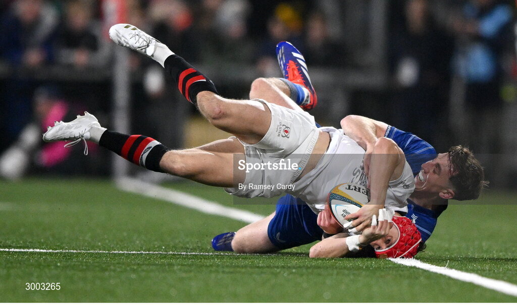 29 November 2024; Michael Lowry of Ulster is tackled by Charlie Tector of Leinster during the United Rugby Championship match between Ulster and Leinster at Kingspan Stadium in Belfast. Photo by Ramsey Cardy/Sportsfile