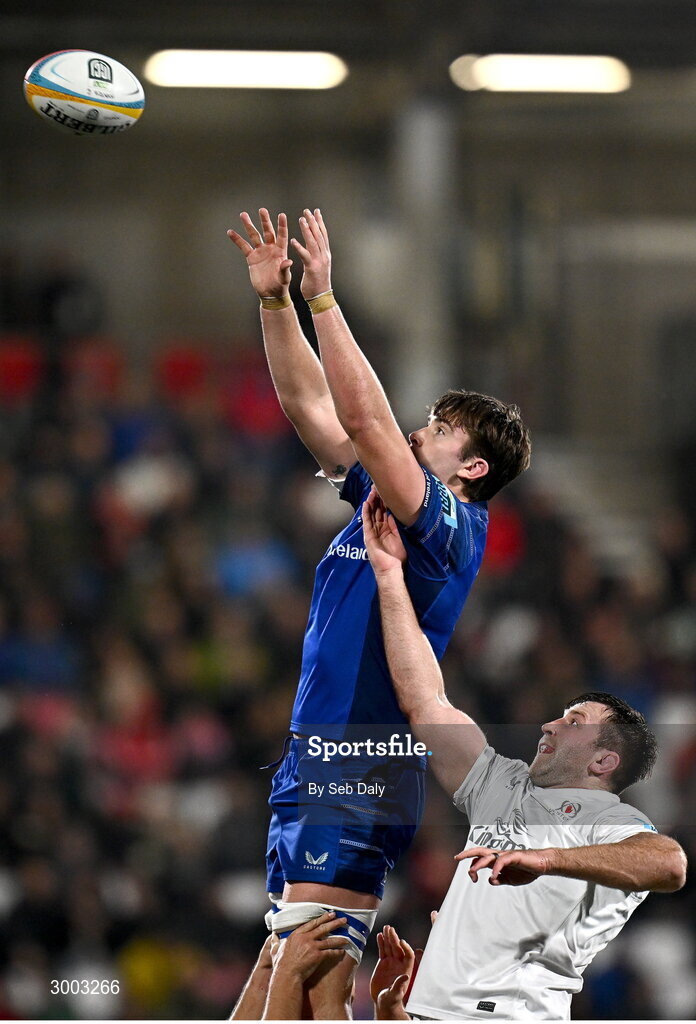 29 November 2024; Brian Deeny of Leinster takes possession in a lineout ahead of Alan O'Connor of Ulster during the United Rugby Championship match between Ulster and Leinster at Kingspan Stadium in Belfast. Photo by Seb Daly/Sportsfile