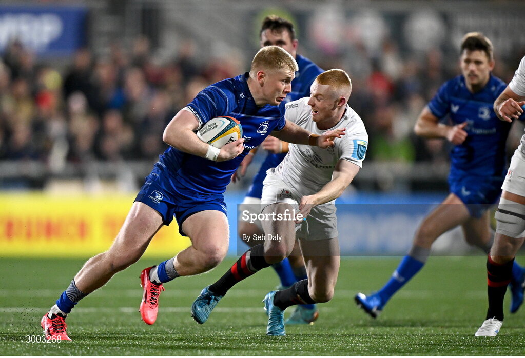 29 November 2024; Andrew Osborne of Leinster in action against Nathan Doak of Ulster during the United Rugby Championship match between Ulster and Leinster at Kingspan Stadium in Belfast. Photo by Seb Daly/Sportsfile