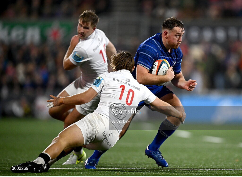 29 November 2024; Liam Turner of Leinster is tackled by Aidan Morgan of Ulster during the United Rugby Championship match between Ulster and Leinster at Kingspan Stadium in Belfast. Photo by Seb Daly/Sportsfile