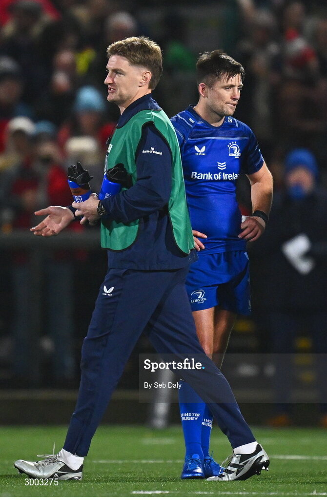 29 November 2024; Leinster players Jordie Barrett, left, and Ross Byrne during the United Rugby Championship match between Ulster and Leinster at Kingspan Stadium in Belfast. Photo by Seb Daly/Sportsfile