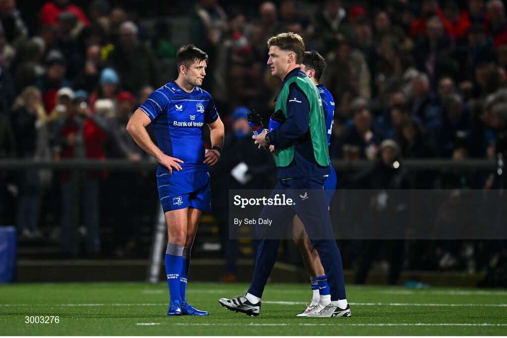 29 November 2024; Leinster players Ross Byrne, left, and Jordie Barrett during the United Rugby Championship match between Ulster and Leinster at Kingspan Stadium in Belfast. Photo by Seb Daly/Sportsfile