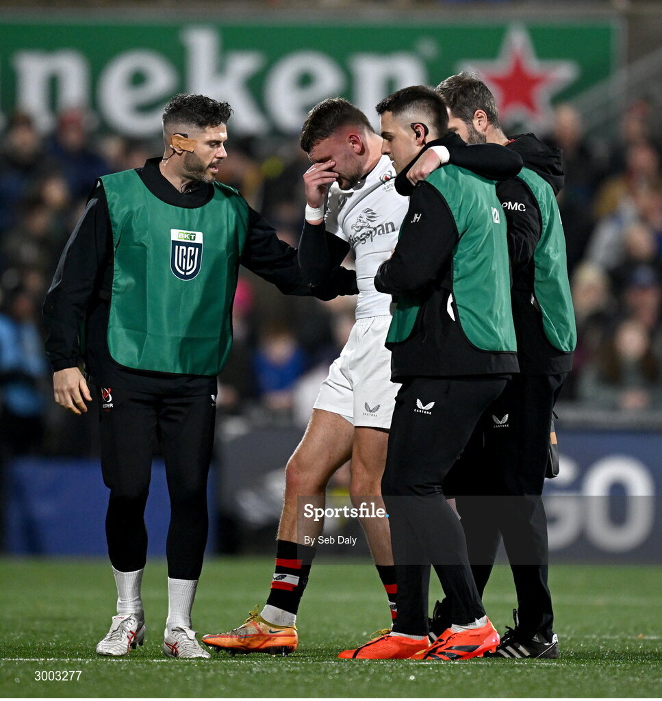 29 November 2024; Ben Moxham of Ulster is helped from the pitch to receive medical attention during the United Rugby Championship match between Ulster and Leinster at Kingspan Stadium in Belfast. Photo by Seb Daly/Sportsfile