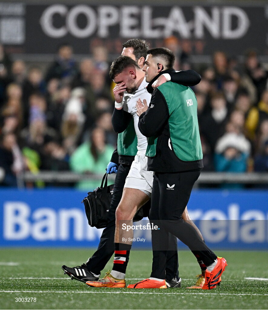 29 November 2024; Ben Moxham of Ulster is helped from the pitch to receive medical attention during the United Rugby Championship match between Ulster and Leinster at Kingspan Stadium in Belfast. Photo by Seb Daly/Sportsfile
