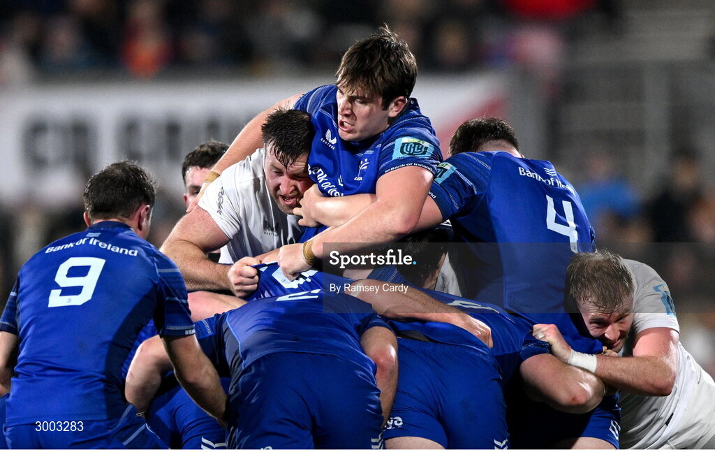 29 November 2024; Brian Deeny of Leinster in action against Alan O'Connor of Ulster during the United Rugby Championship match between Ulster and Leinster at Kingspan Stadium in Belfast. Photo by Ramsey Cardy/Sportsfile