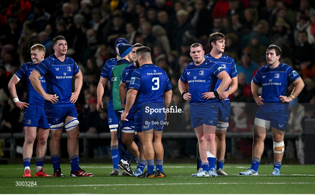 29 November 2024; Leinster players during the United Rugby Championship match between Ulster and Leinster at Kingspan Stadium in Belfast. Photo by Seb Daly/Sportsfile