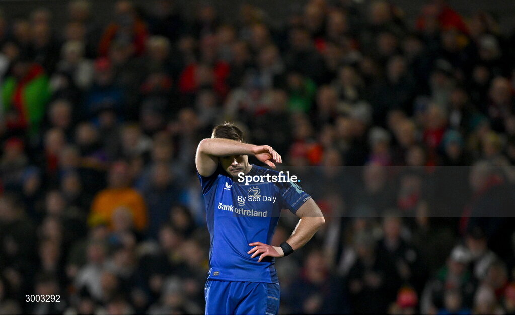 29 November 2024; Ross Byrne of Leinster reacts during the United Rugby Championship match between Ulster and Leinster at Kingspan Stadium in Belfast. Photo by Seb Daly/Sportsfile