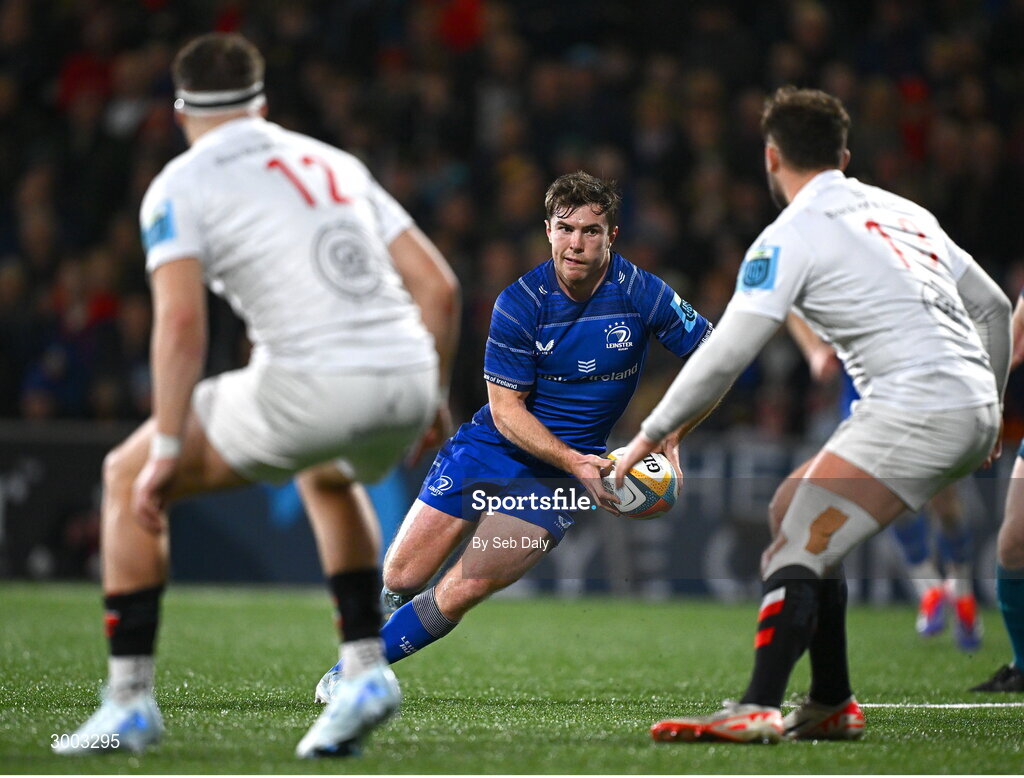 29 November 2024; Luke McGrath of Leinster on his way to scoring his side's first try during the United Rugby Championship match between Ulster and Leinster at Kingspan Stadium in Belfast. Photo by Seb Daly/Sportsfile