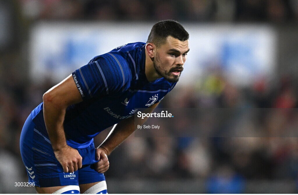 29 November 2024; Max Deegan of Leinster during the United Rugby Championship match between Ulster and Leinster at Kingspan Stadium in Belfast. Photo by Seb Daly/Sportsfile