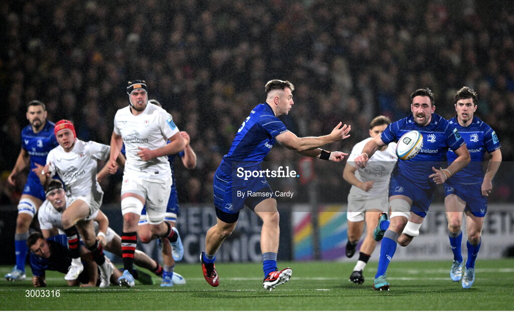 29 November 2024; Lee Barron of Leinster during the United Rugby Championship match between Ulster and Leinster at Kingspan Stadium in Belfast. Photo by Ramsey Cardy/Sportsfile