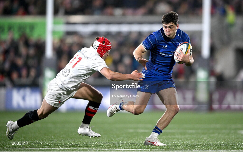 29 November 2024; Jimmy O'Brien of Leinster is tackled by Michael Lowry of Ulster during the United Rugby Championship match between Ulster and Leinster at Kingspan Stadium in Belfast. Photo by Ramsey Cardy/Sportsfile