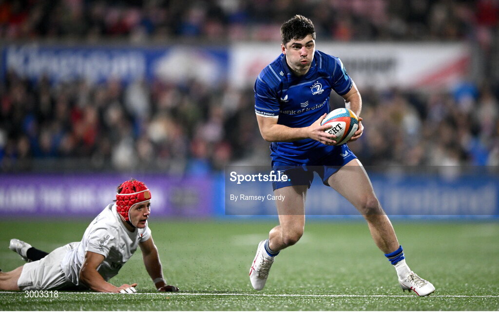 29 November 2024; Jimmy O'Brien of Leinster evades the tackle of Michael Lowry of Ulster during the United Rugby Championship match between Ulster and Leinster at Kingspan Stadium in Belfast. Photo by Ramsey Cardy/Sportsfile