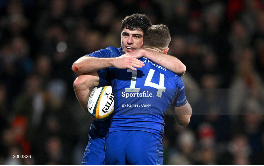 29 November 2024; Jordan Larmour of Leinster celebrates with teammate Jimmy O'Brien, left, after scoring their side's second try during the United Rugby Championship match between Ulster and Leinster at Kingspan Stadium in Belfast. Photo by Ramsey Cardy/Sportsfile