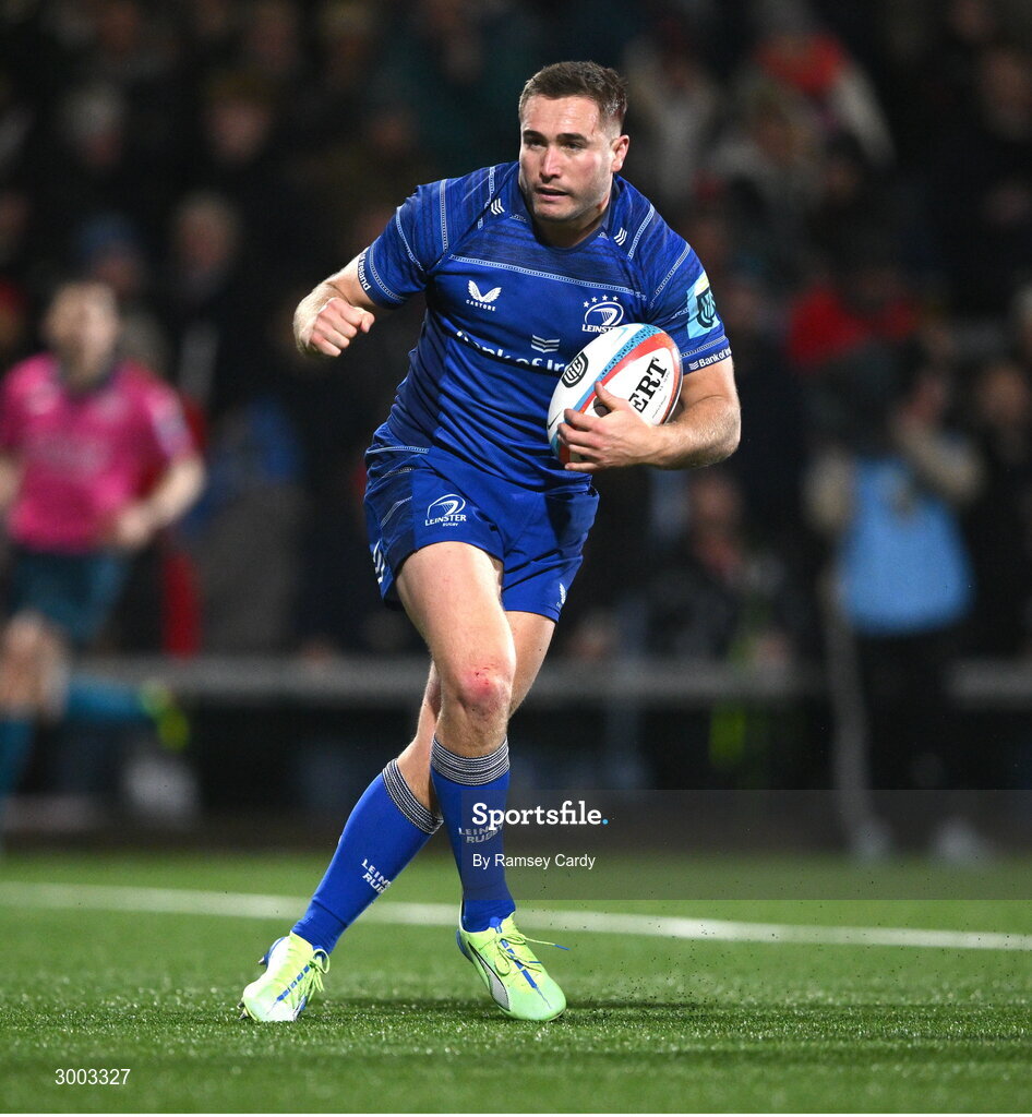 29 November 2024; Jordan Larmour of Leinster celebrates after scoring his side's second try during the United Rugby Championship match between Ulster and Leinster at Kingspan Stadium in Belfast. Photo by Ramsey Cardy/Sportsfile
