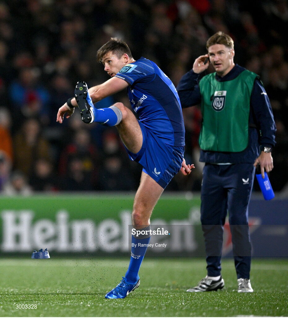 29 November 2024; Ross Byrne of Leinster kicks a conversion, watched by Jordie Barrett, during the United Rugby Championship match between Ulster and Leinster at Kingspan Stadium in Belfast. Photo by Ramsey Cardy/Sportsfile