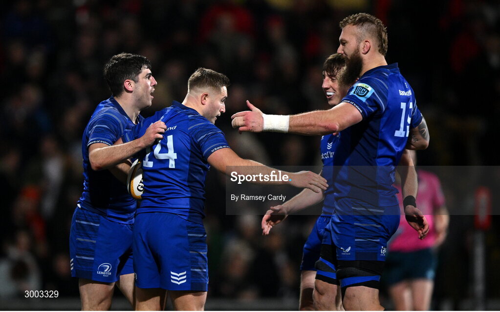 29 November 2024; Jordan Larmour of Leinster celebrates with teammates Jimmy O'Brien, Charlie Tector and RG Snyman after scoring their side's second try during the United Rugby Championship match between Ulster and Leinster at Kingspan Stadium in Belfast. Photo by Ramsey Cardy/Sportsfile