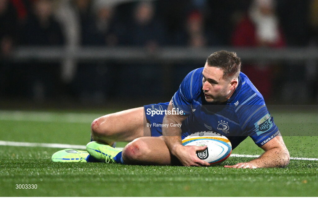 29 November 2024; Jordan Larmour of Leinster scores his side's second try during the United Rugby Championship match between Ulster and Leinster at Kingspan Stadium in Belfast. Photo by Ramsey Cardy/Sportsfile