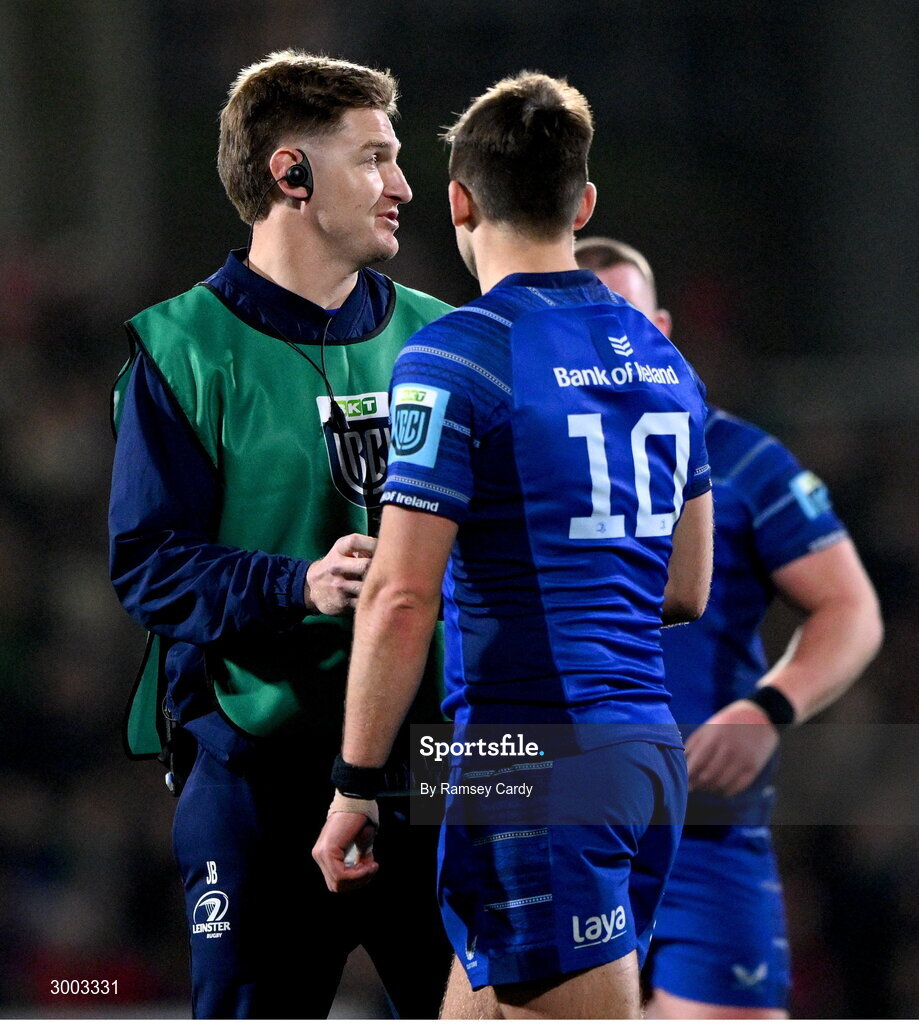 29 November 2024; Ross Byrne of Leinster in conversation with Jordie Barrett, left, during the United Rugby Championship match between Ulster and Leinster at Kingspan Stadium in Belfast. Photo by Ramsey Cardy/Sportsfile