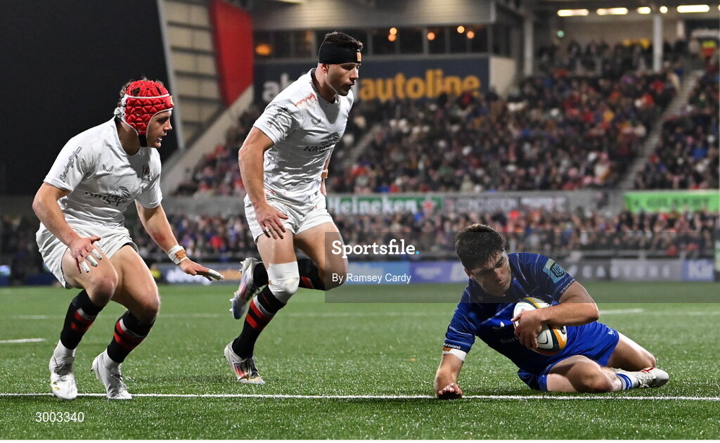 29 November 2024; Jimmy O'Brien of Leinster dives over to score his side's third try during the United Rugby Championship match between Ulster and Leinster at Kingspan Stadium in Belfast. Photo by Ramsey Cardy/Sportsfile