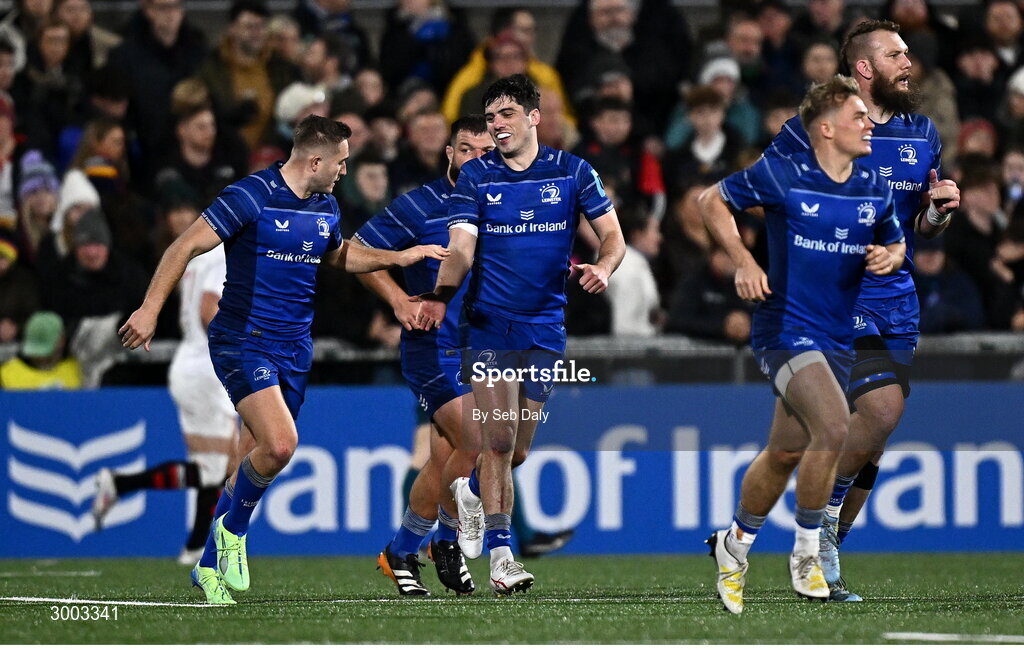 29 November 2024; Jimmy O'Brien of Leinster, centre, celebrates with teammate Jordan Larmour after scoring their side's third try during the United Rugby Championship match between Ulster and Leinster at Kingspan Stadium in Belfast. Photo by Seb Daly/Sportsfile
