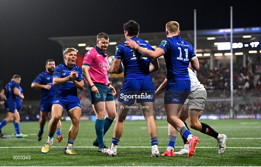 29 November 2024; Jimmy O'Brien of Leinster celebrates with teammates after scoring their side's third try during the United Rugby Championship match between Ulster and Leinster at Kingspan Stadium in Belfast. Photo by Ramsey Cardy/Sportsfile