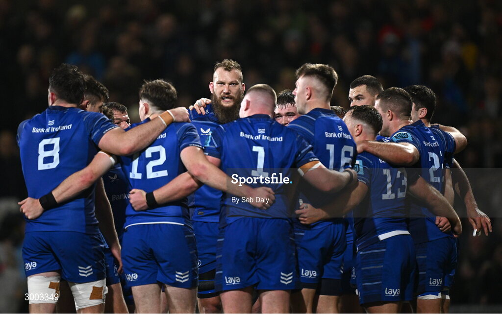 29 November 2024; Leinster's RG Snyman and teammates huddle during the United Rugby Championship match between Ulster and Leinster at Kingspan Stadium in Belfast. Photo by Seb Daly/Sportsfile
