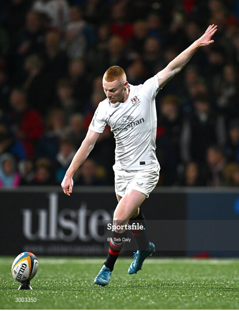 29 November 2024; Nathan Doak of Ulster kicks a conversion during the United Rugby Championship match between Ulster and Leinster at Kingspan Stadium in Belfast. Photo by Seb Daly/Sportsfile