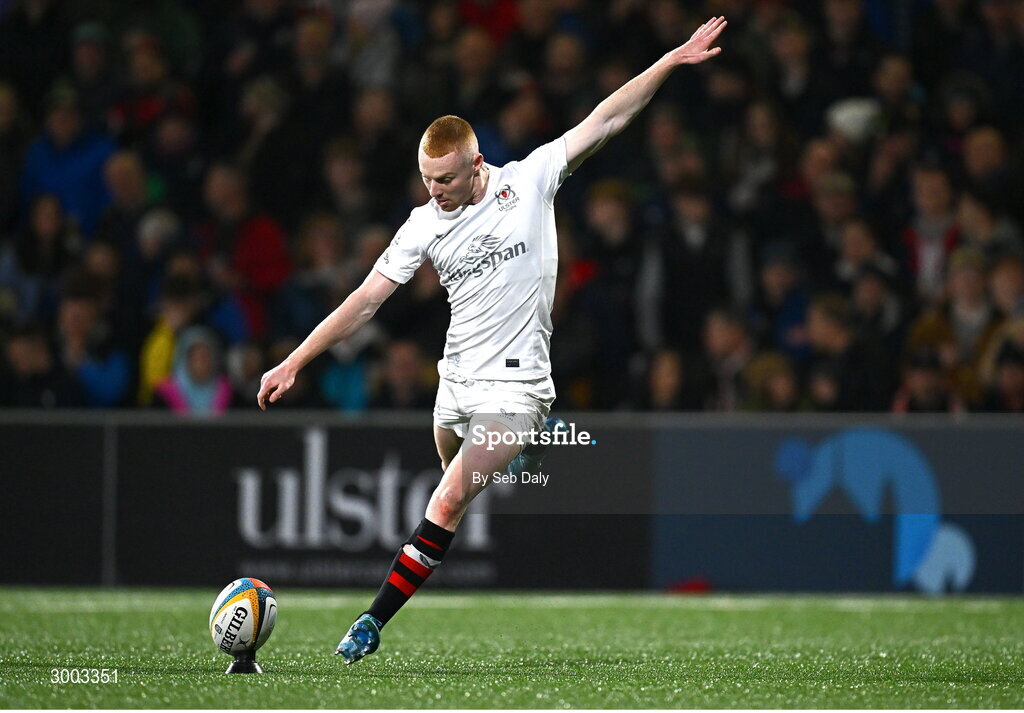 29 November 2024; Nathan Doak of Ulster kicks a conversion during the United Rugby Championship match between Ulster and Leinster at Kingspan Stadium in Belfast. Photo by Seb Daly/Sportsfile