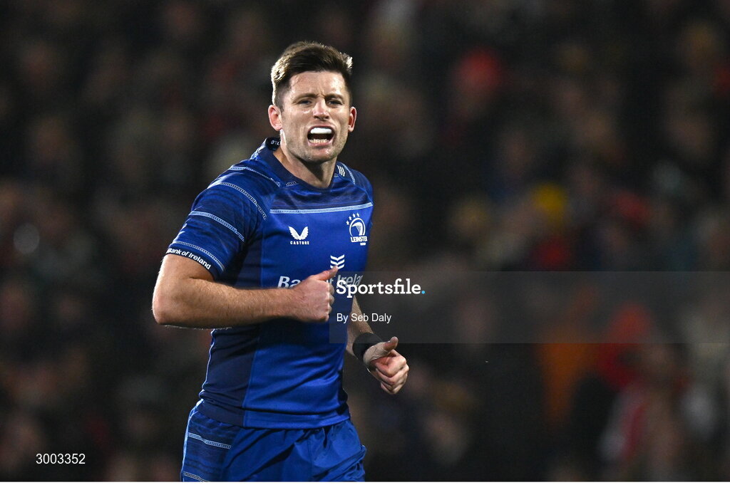 29 November 2024; Ross Byrne of Leinster during the United Rugby Championship match between Ulster and Leinster at Kingspan Stadium in Belfast. Photo by Seb Daly/Sportsfile