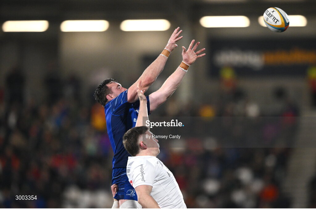 29 November 2024; Jack Conan of Leinster wins possession in the lineout from Harry Sheridan of Ulster during the United Rugby Championship match between Ulster and Leinster at Kingspan Stadium in Belfast. Photo by Ramsey Cardy/Sportsfile