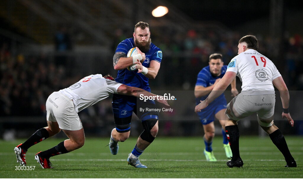 29 November 2024; RG Snyman of Leinster is tackled by Tom Stewart of Ulster during the United Rugby Championship match between Ulster and Leinster at Kingspan Stadium in Belfast. Photo by Ramsey Cardy/Sportsfile