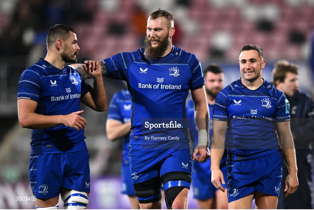 29 November 2024; Leinster players, from left, Max Deegan, RG Snyman and Jordan Larmour after the United Rugby Championship match between Ulster and Leinster at Kingspan Stadium in Belfast. Photo by Ramsey Cardy/Sportsfile