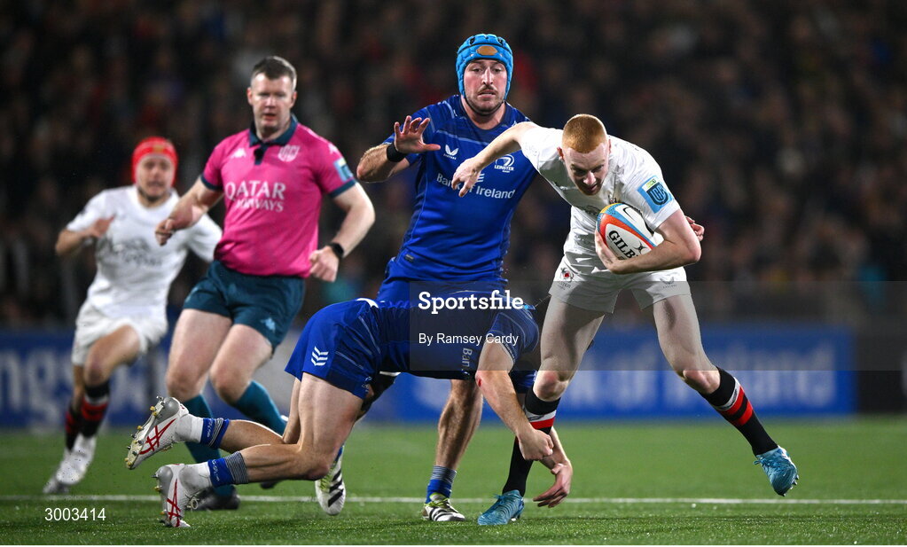 29 November 2024; Nathan Doak of Ulster is tackled by Jimmy O'Brien of Leinster during the United Rugby Championship match between Ulster and Leinster at Kingspan Stadium in Belfast. Photo by Ramsey Cardy/Sportsfile