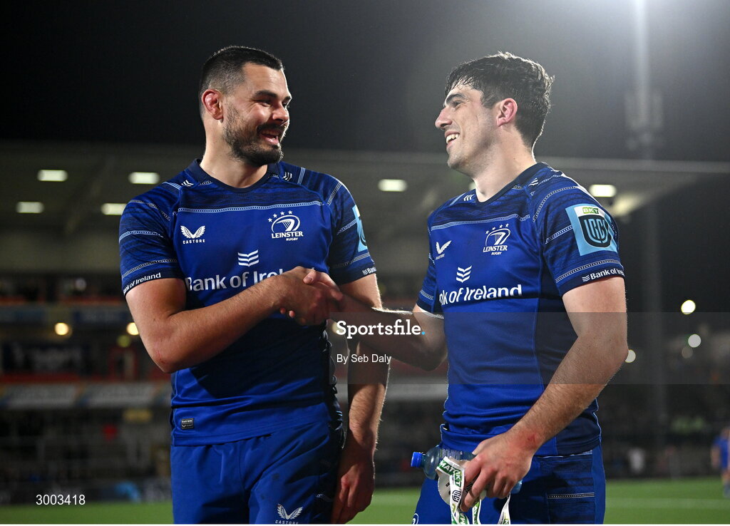 29 November 2024; Leinster players Max Deegan, left, and Jimmy O'Brien after their side's victory in the United Rugby Championship match between Ulster and Leinster at Kingspan Stadium in Belfast. Photo by Seb Daly/Sportsfile