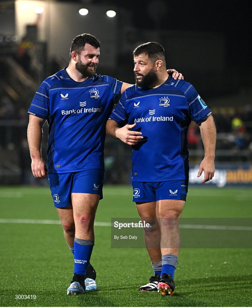 29 November 2024; Leinster players Michael Milne, left, and Rabah Slimani after their side's victory in the United Rugby Championship match between Ulster and Leinster at Kingspan Stadium in Belfast. Photo by Seb Daly/Sportsfile