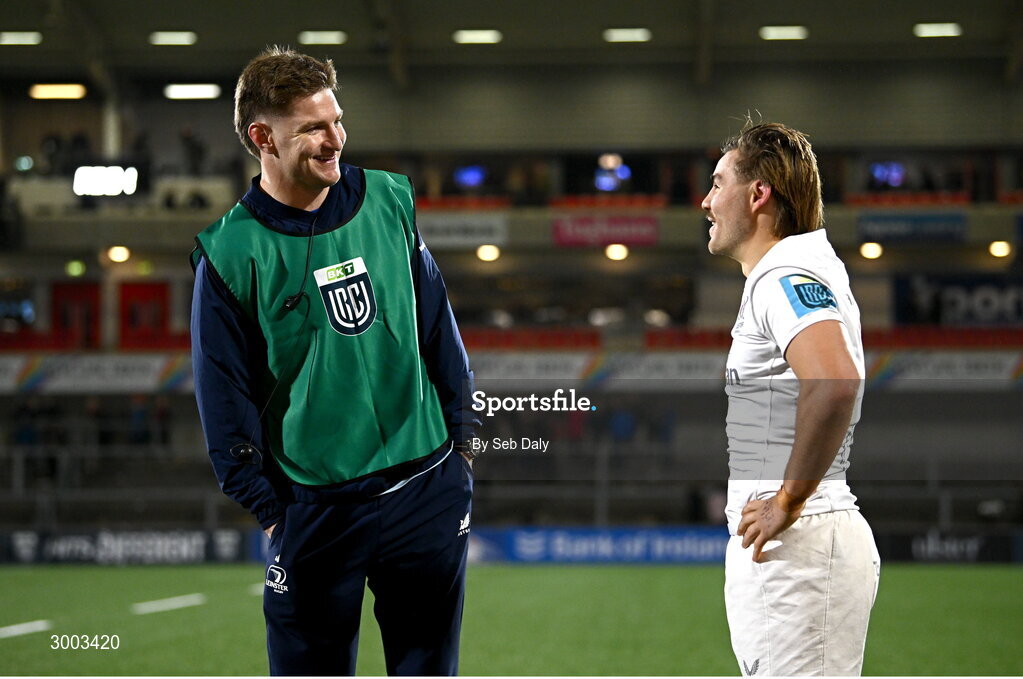 29 November 2024; Jordie Barrett of Leinster, left, and Aidan Morgan of Ulster after the United Rugby Championship match between Ulster and Leinster at Kingspan Stadium in Belfast. Photo by Seb Daly/Sportsfile