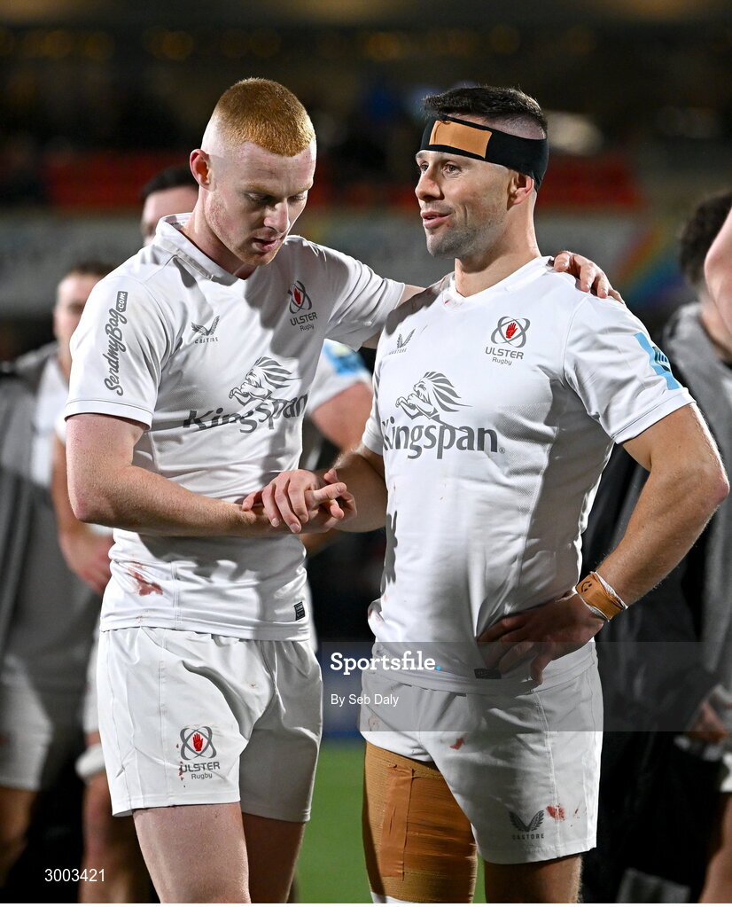 29 November 2024; Ulster players Nathan Doak, left, and John Cooney after their side's defeat in the United Rugby Championship match between Ulster and Leinster at Kingspan Stadium in Belfast. Photo by Seb Daly/Sportsfile