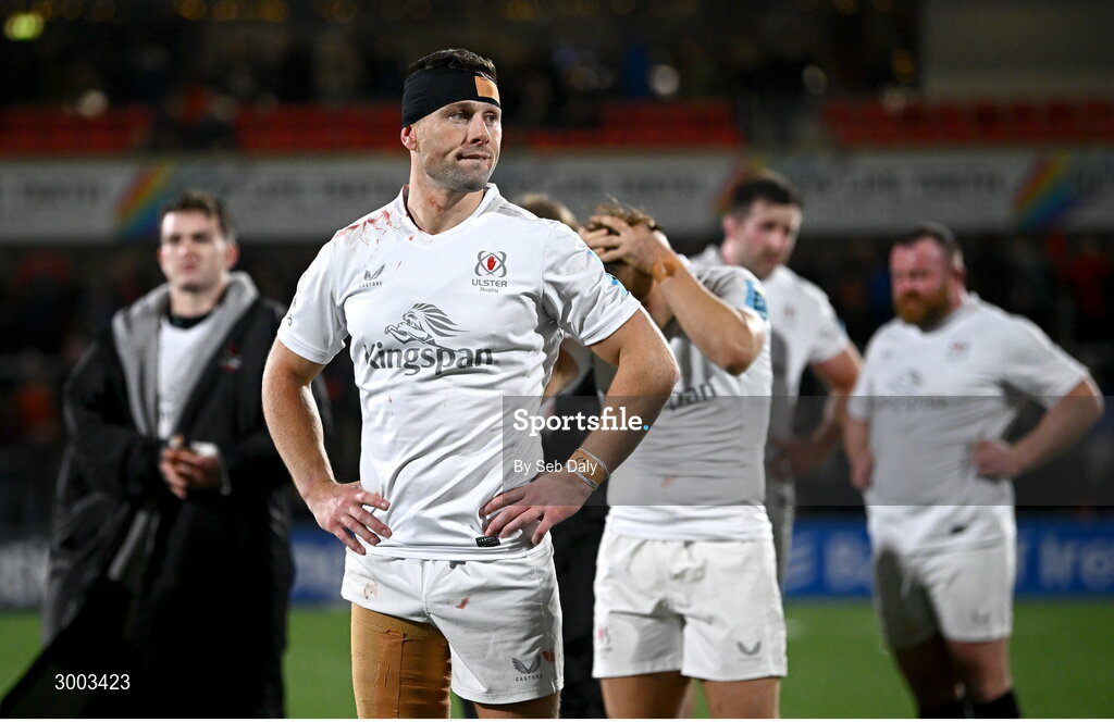 29 November 2024; John Cooney of Ulster after his side's defeat in the United Rugby Championship match between Ulster and Leinster at Kingspan Stadium in Belfast. Photo by Seb Daly/Sportsfile