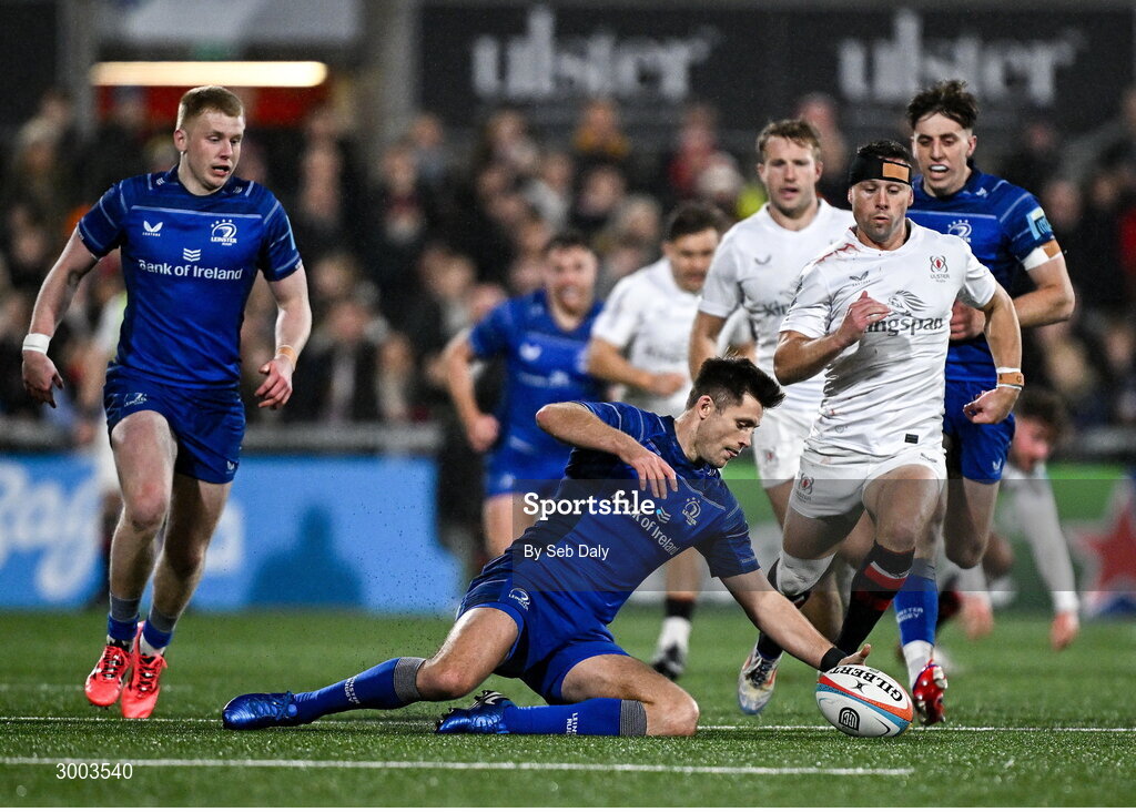 29 November 2024; Ross Byrne of Leinster during the United Rugby Championship match between Ulster and Leinster at Kingspan Stadium in Belfast. Photo by Seb Daly/Sportsfile