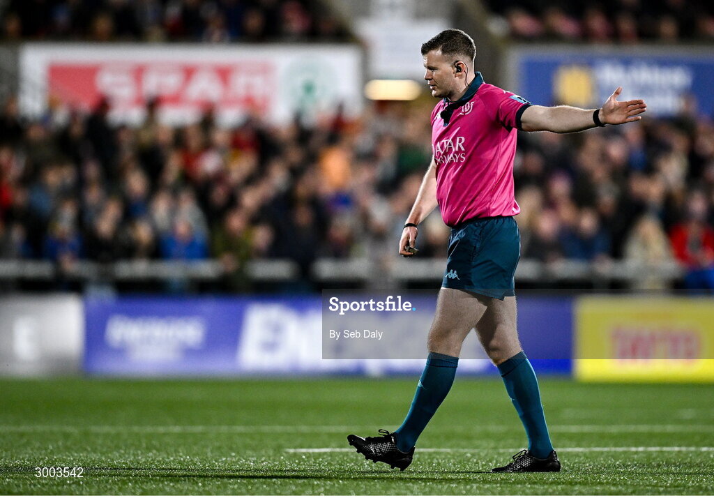 29 November 2024; Referee Eoghan Cross during the United Rugby Championship match between Ulster and Leinster at Kingspan Stadium in Belfast. Photo by Seb Daly/Sportsfile