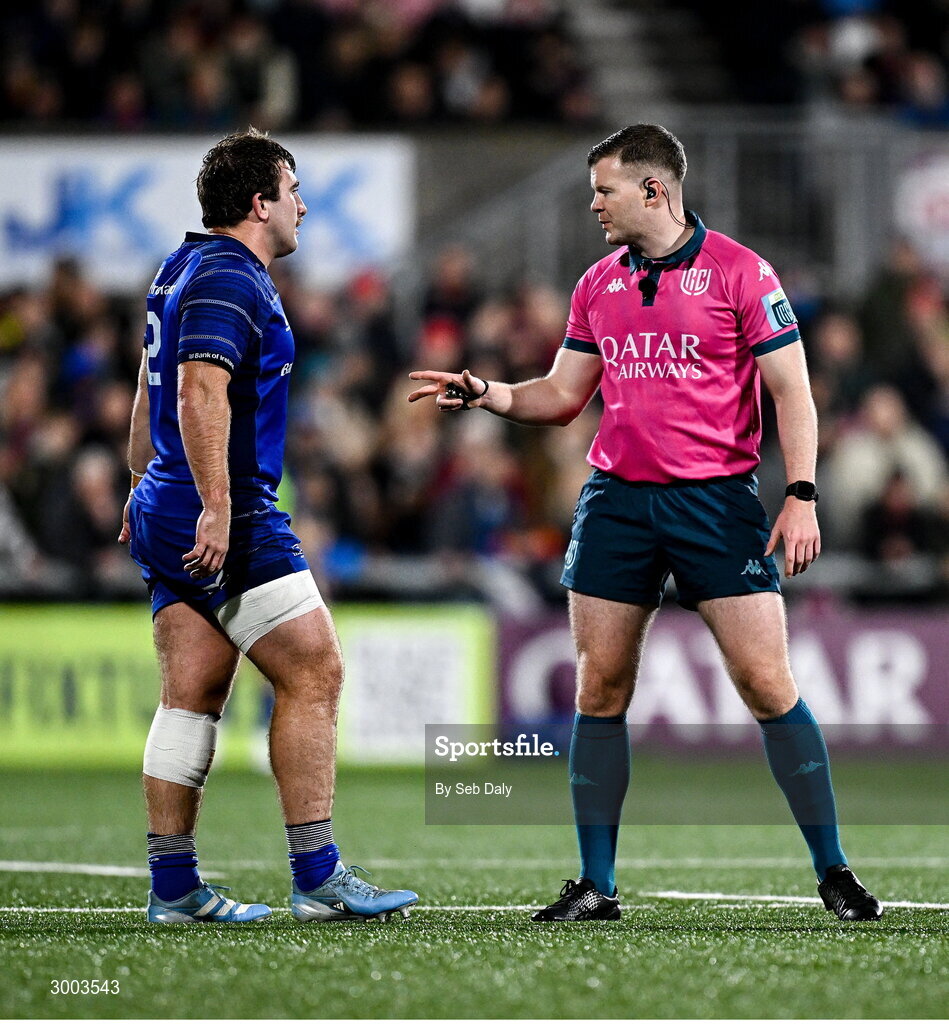 29 November 2024; Referee Eoghan Cross talks to Leinster's John McKee during the United Rugby Championship match between Ulster and Leinster at Kingspan Stadium in Belfast. Photo by Seb Daly/Sportsfile