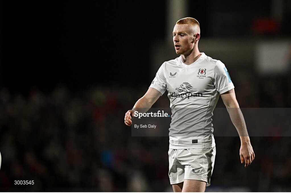 29 November 2024; Nathan Doak of Ulster during the United Rugby Championship match between Ulster and Leinster at Kingspan Stadium in Belfast. Photo by Seb Daly/Sportsfile