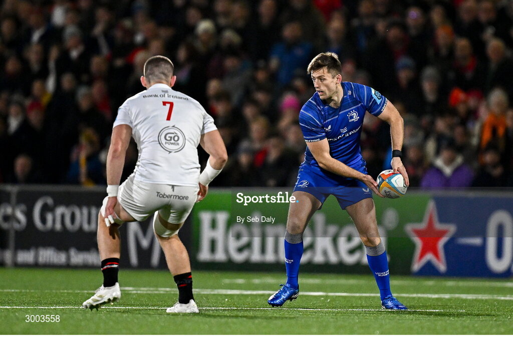 29 November 2024; Ross Byrne of Leinster during the United Rugby Championship match between Ulster and Leinster at Kingspan Stadium in Belfast. Photo by Seb Daly/Sportsfile